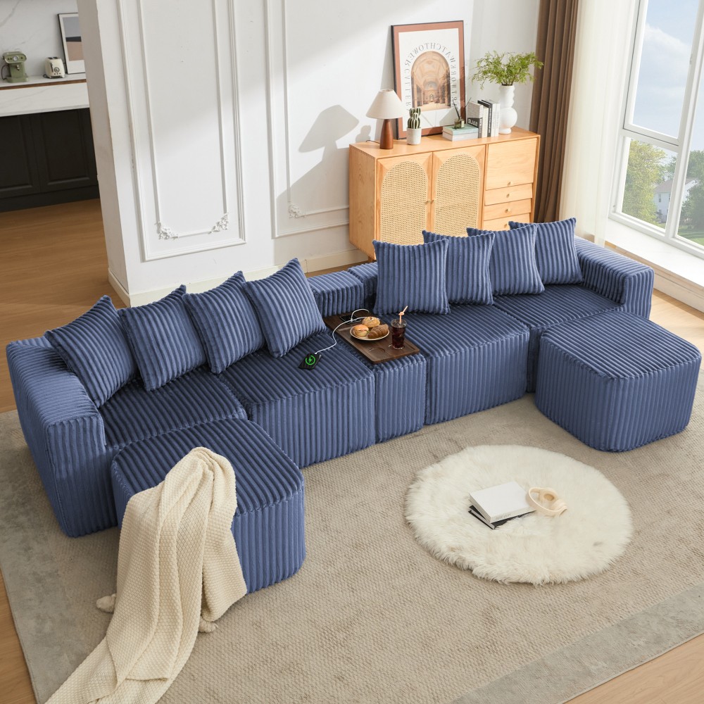 Blue Corduroy Modular Sectional Sofa with USB and Wireless Charging