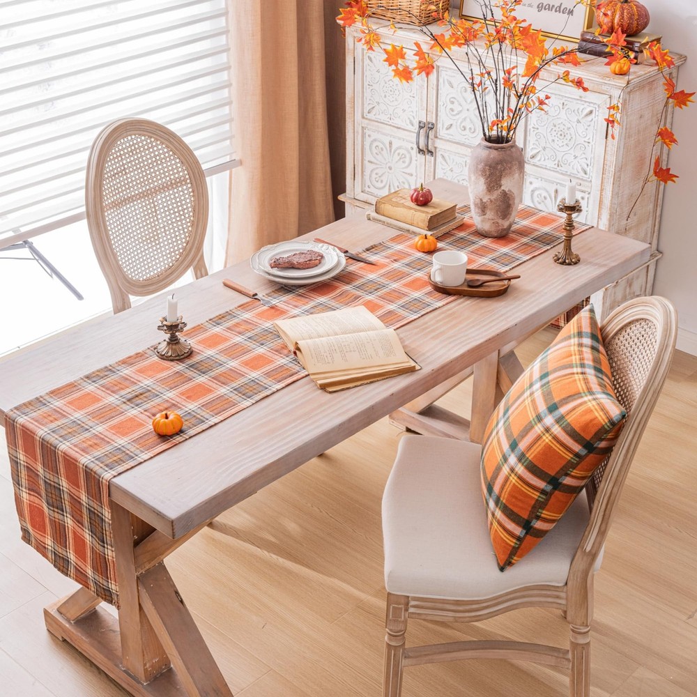 Plaid Fall Thanksgiving Table Runner Autumn Holiday Rust Orange Table Runners 7