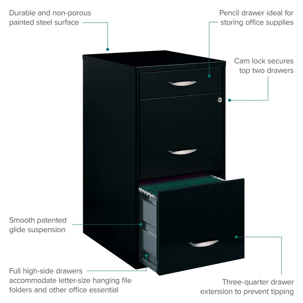 Space Solutions 3 Drawer Letter Width Vertical File Cabinet Pencil Drawer Black