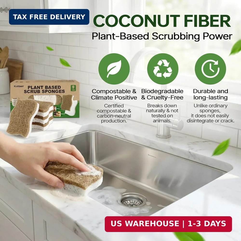 9 Pack Kickleen Biodegradable Natural Kitchen Sponges - Compostable Cellulose