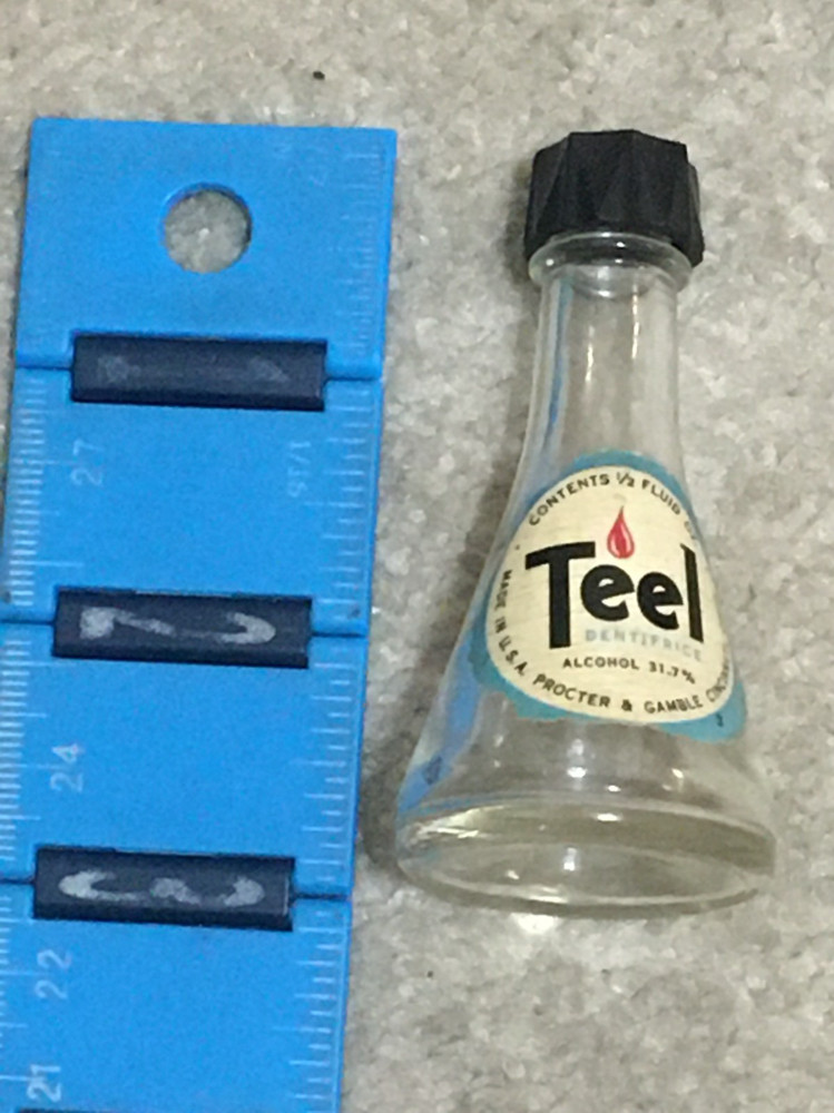 Vntg SAMPLE Size Clear Glass Bottle Paper Label TEEL Toothpaste Procter & Gamble