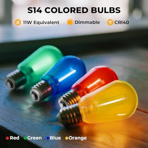 S14 Colored LED String Light Bulbs, 1W Plastic 15 Pack Multi-colored