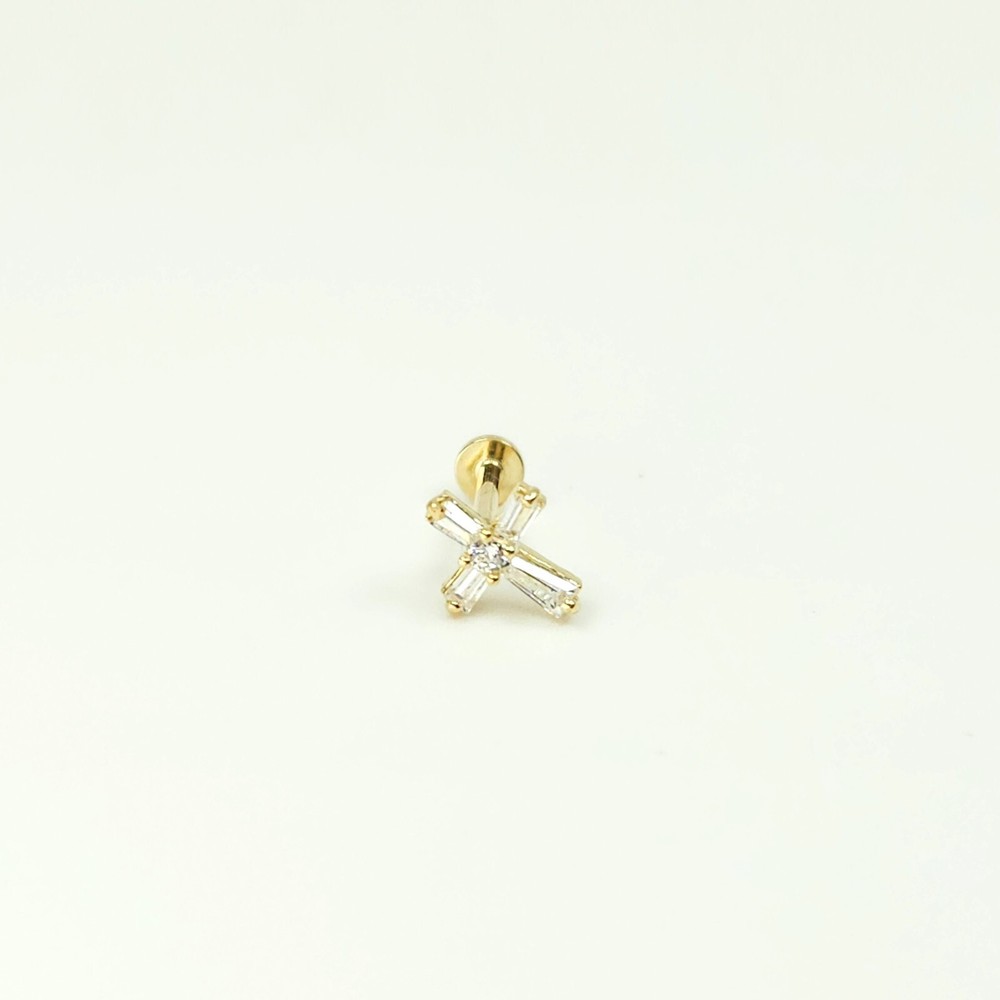 14K Solid Gold Tiny Cross Internally Threaded Labret Stud Earring(18Gauge)