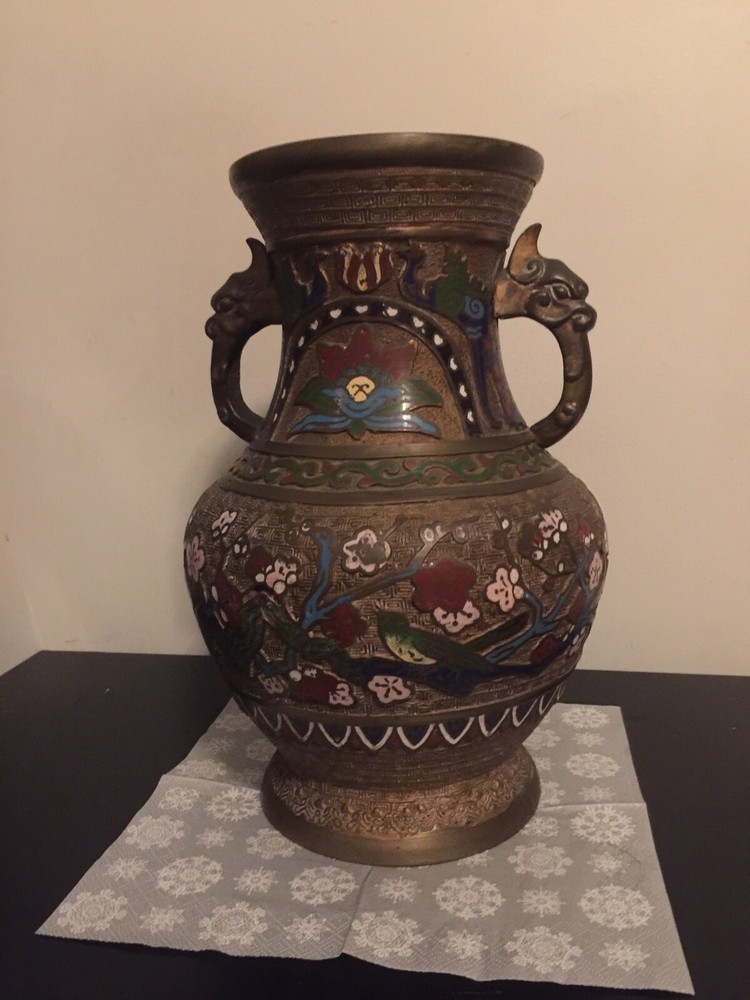 Antique Cloisonne Bronze Dragon Ear Jar