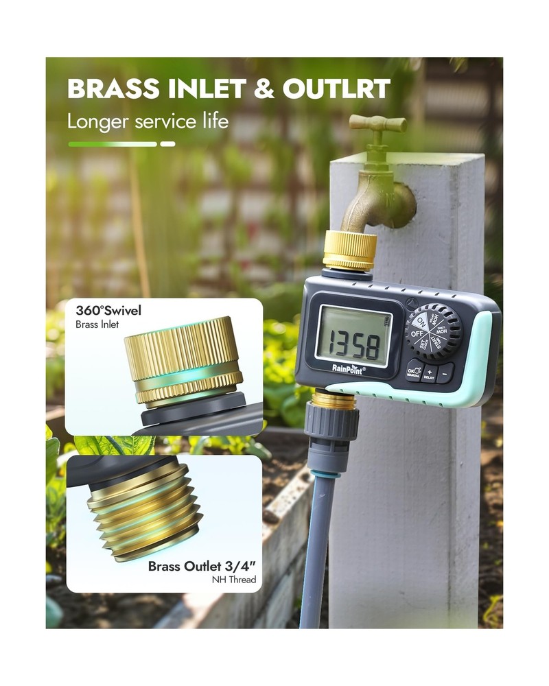 RAINPOINT Sprinkler Timer with Brass Inlet & Outlet, Programmable Hose Timer ...