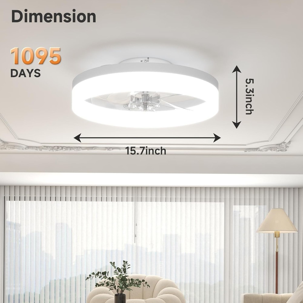 Flush Mount Ceiling Fan Light White - 3200LM Dimmable LED, 6 Speeds, App Control