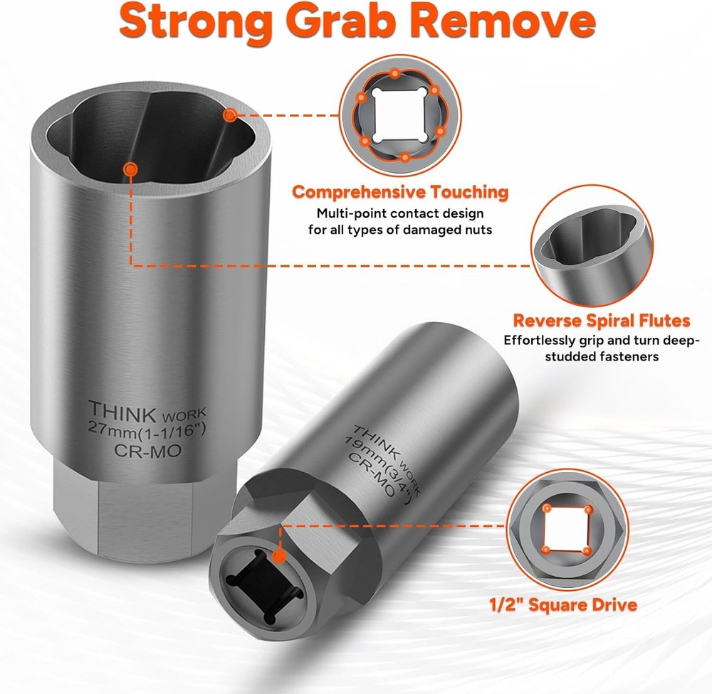 THINKWORK 1/2 Inch Drive Lug Nut Extractor Set, Large Sizes, 10pcs Wheel...