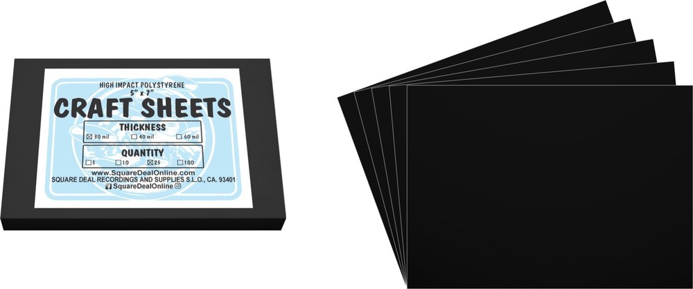 Black Flex Plasticard Polystyrene Craft Sheets - 5"x7" - .030" thick - 25 Pack