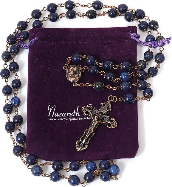 Lapis Lazuli Vintage Design Rosary Natural Stone Beads Necklace Holy Soil Medal