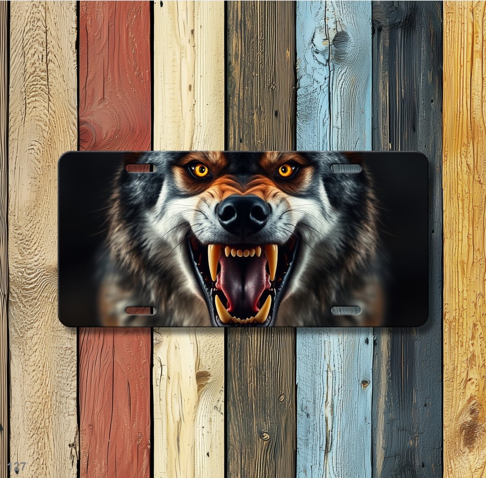 Intense Wolf License Plate with Fangs Personalized Auto Tag Gift Idea