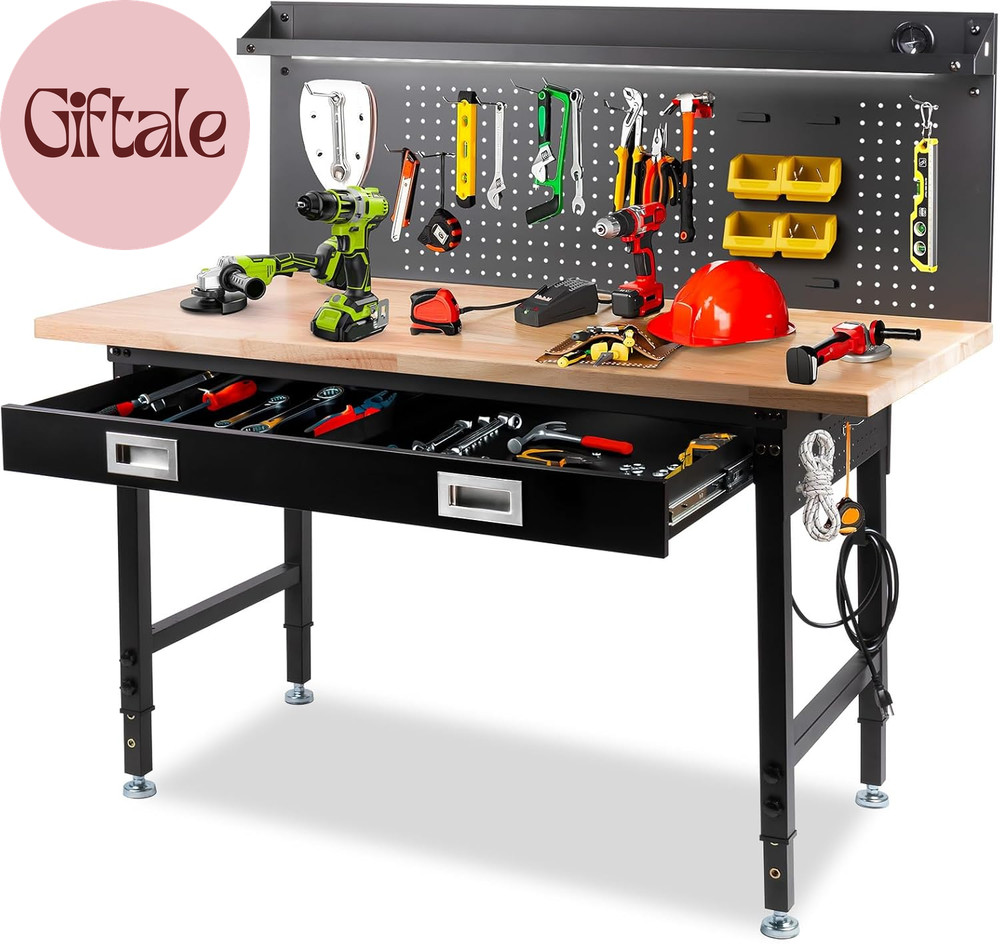 60" Workbench with Drawers, Work Benches for Garage with Strip Light, Adjustable