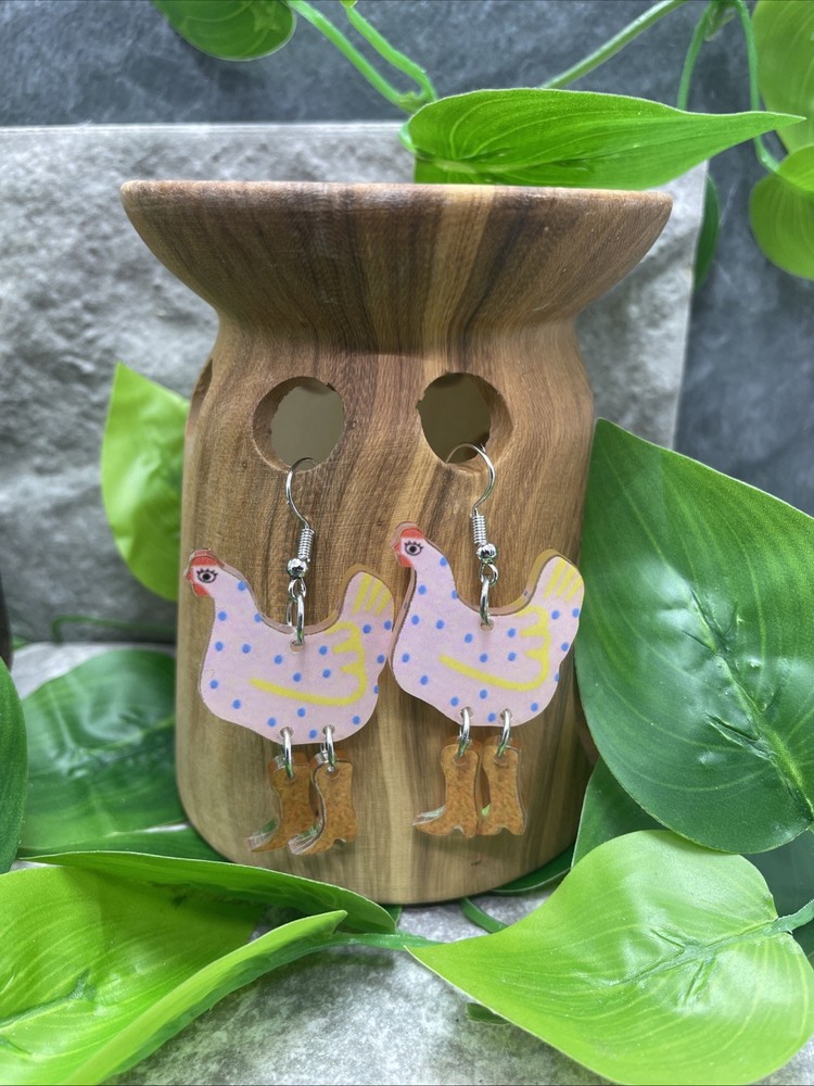 2” Silver-tone Chicken Acrylic Boho Drop Dangle Earring Set New Free Ship C65