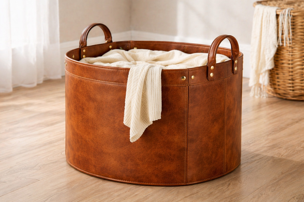Leather Laundry Basket Hamper Large Round Storage Bin Clothes Organizer Brown