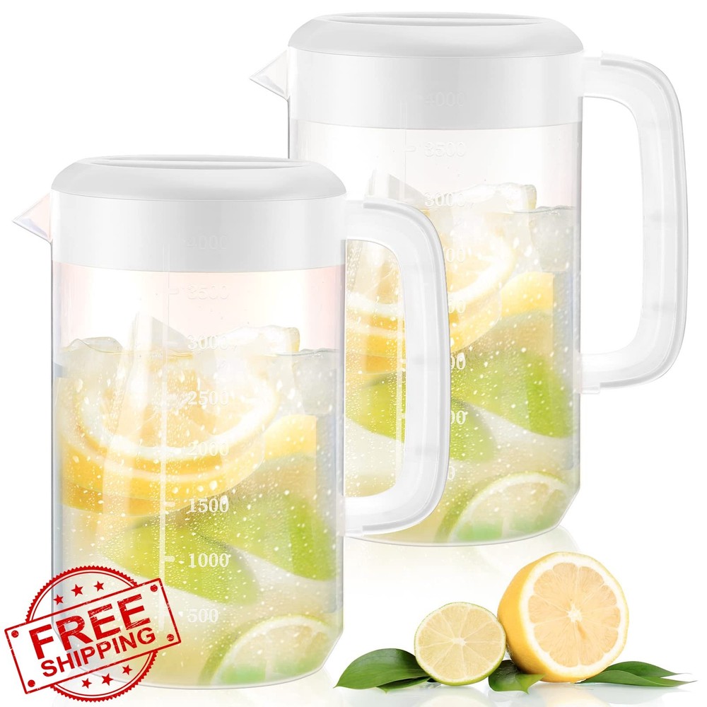 2pc 1 Gallon White Plastic Pitcher with Lid Strainer Handle