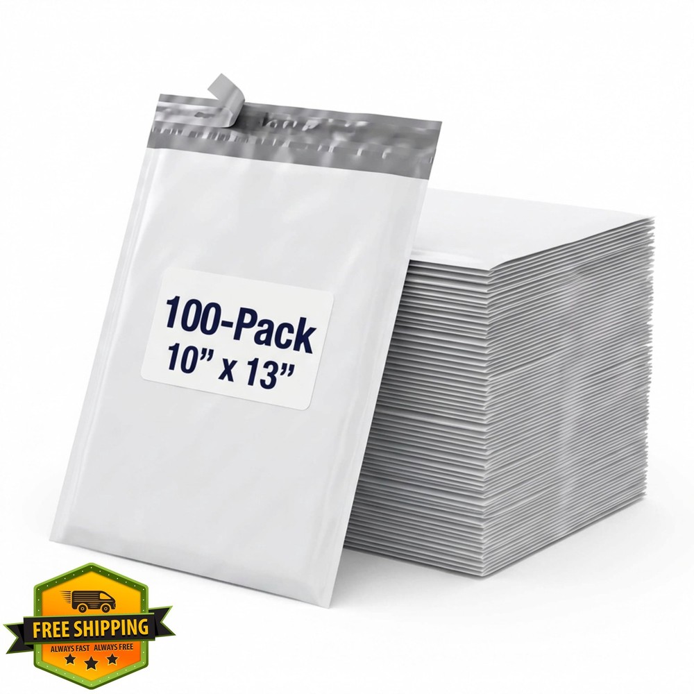 BOX USA Poly Mailers 10"x13", 100-Pack White Self-Adhesive