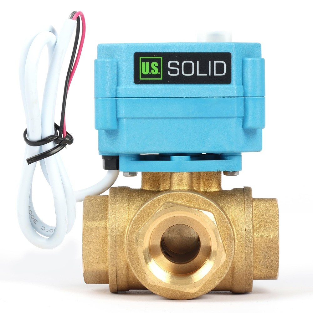 U. S. Solid 3 Way T Type Motorized Ball Valve 3/4in Brass 9-24V Manual Function
