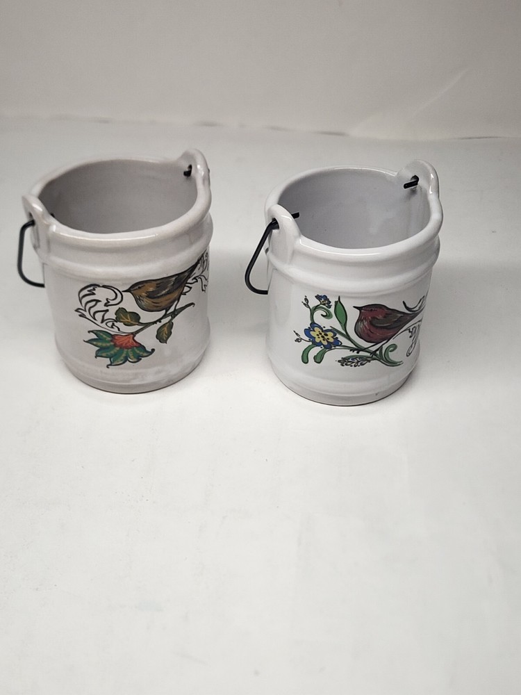 Mini Ceramic Bucket Planter Beautiful Brown Bird On Flower Rustic Retro 2 Pcs