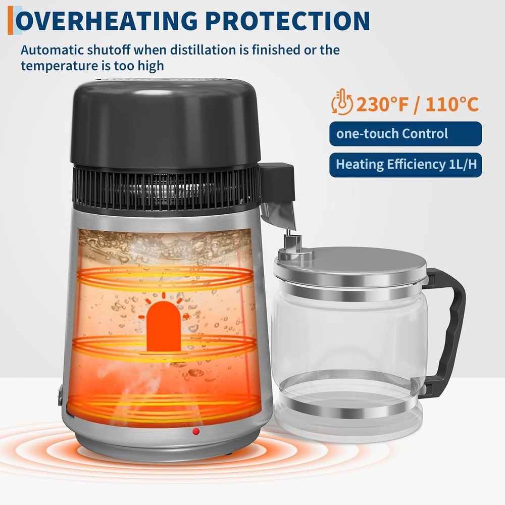 4L Water Distiller 1.1 Gallon 750W Home Water Purifier with Glass Jug Filter Set