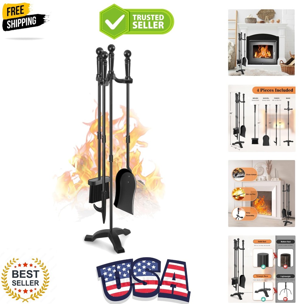 Fireplace Tools Set 4 Pcs 30 Inch Black Wrought Iron Large Fire Tool Set for ...