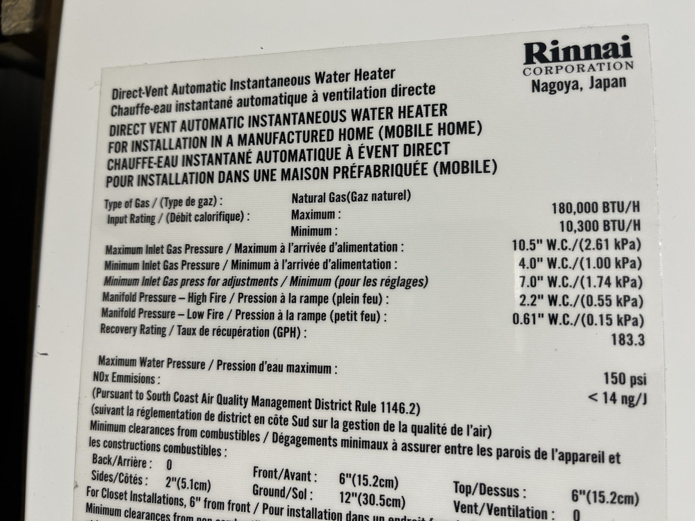 Rinnai V75iN Indoor Tankless Water Heater 180k BTU Natural Gas (B-29 #1639)