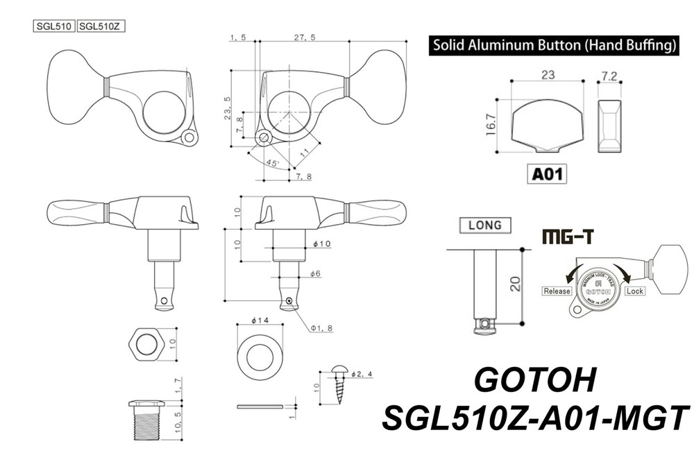 GOTOH SGL510Z-A01 Locking Tuning Machine Midsize-Large Knobs - Pre-Configured