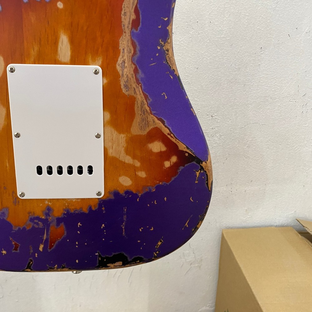 Purple handcrafted distressed ST electric guitar, maple body, 6 strings