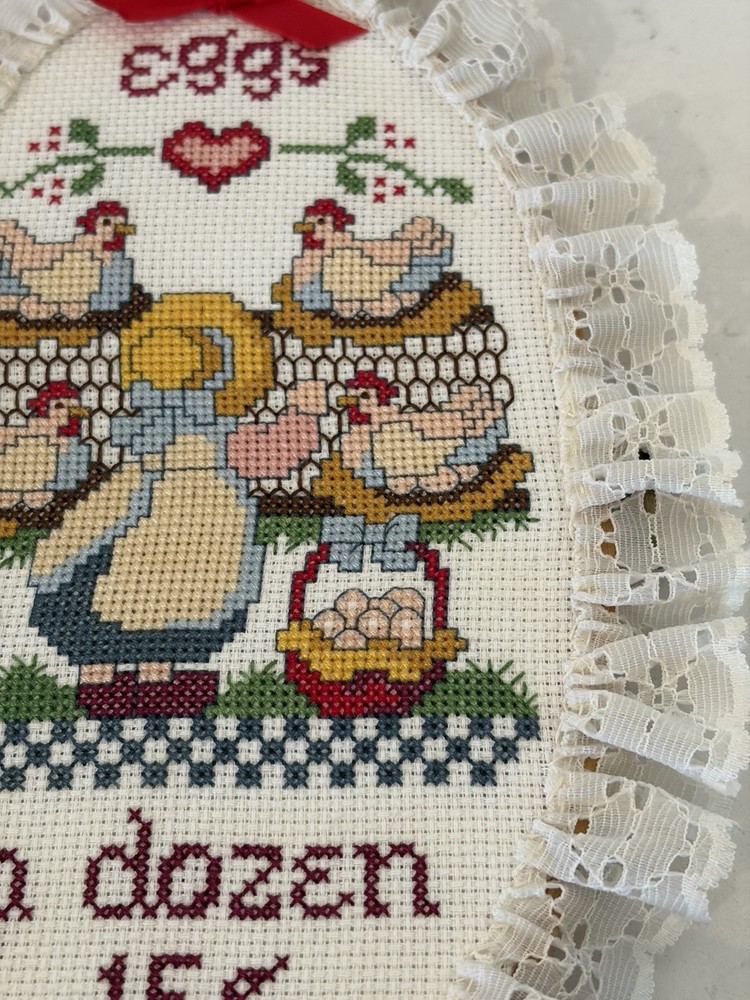 Vintage “Fresh Eggs “Finished Crosstitch In Oval Frame