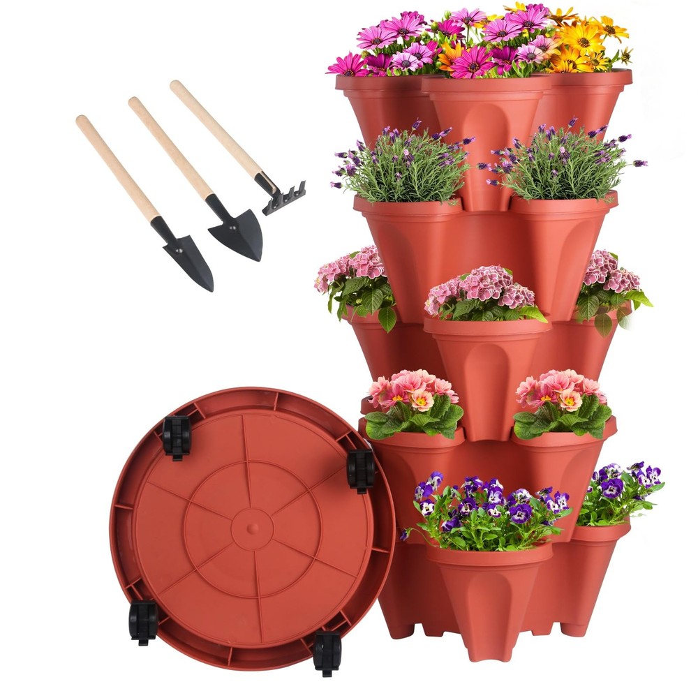 GameXcel Vertical Planter 5 Tier Stackable Planters Garden 5 1 Pack, Red