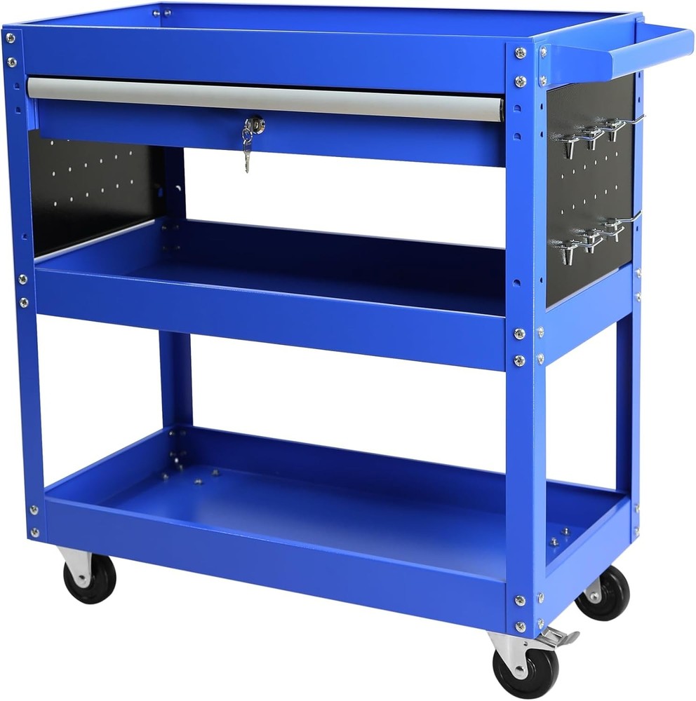 Tool Chest with Wheels, 3-Tier Rolling Tool Box with 1 Drawer & Hooks, Heavy Dut