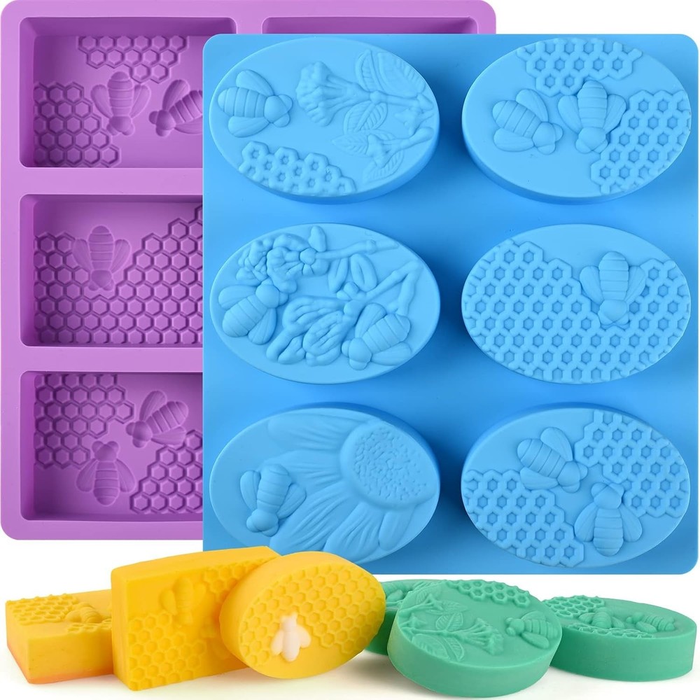 2 Pack 6 Cavity Bee Silicone Soap Molds Rectangle Oval Honeycomb Silicone Mol...