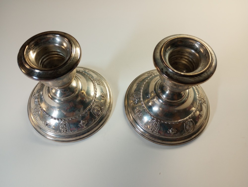 (TWO) Antique Rose Point by Wallace Sterling Silver Candlestick
