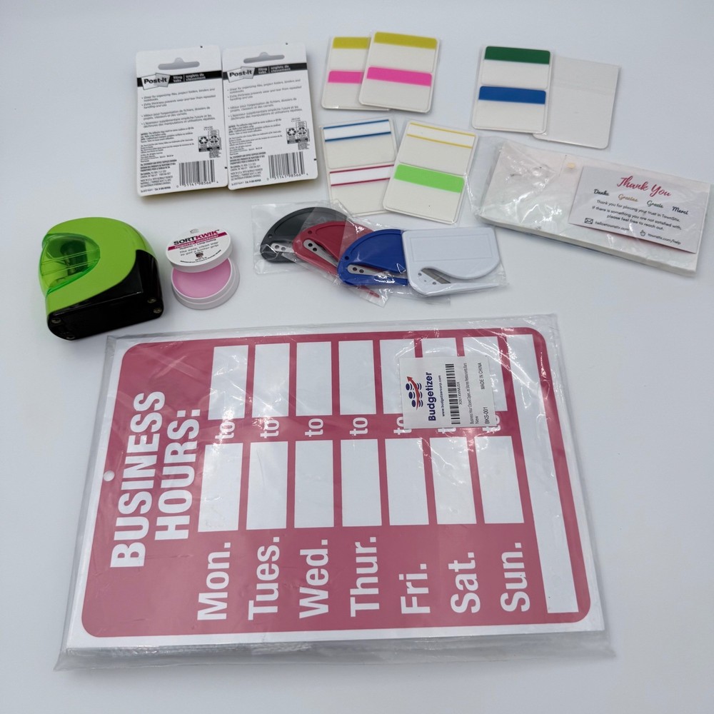 New Office Supply Bundle Signs Labels Post-It Cutter Sharpener Kit