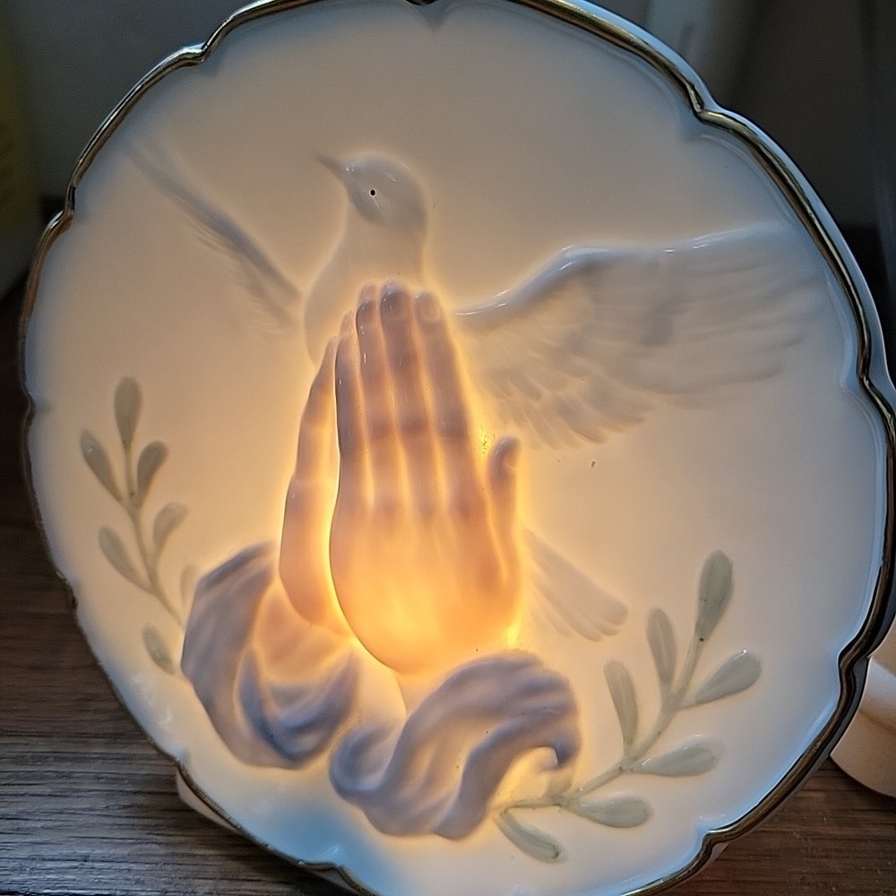 Vintage Praying Hands & Dove Light White Blue & Gold Trim