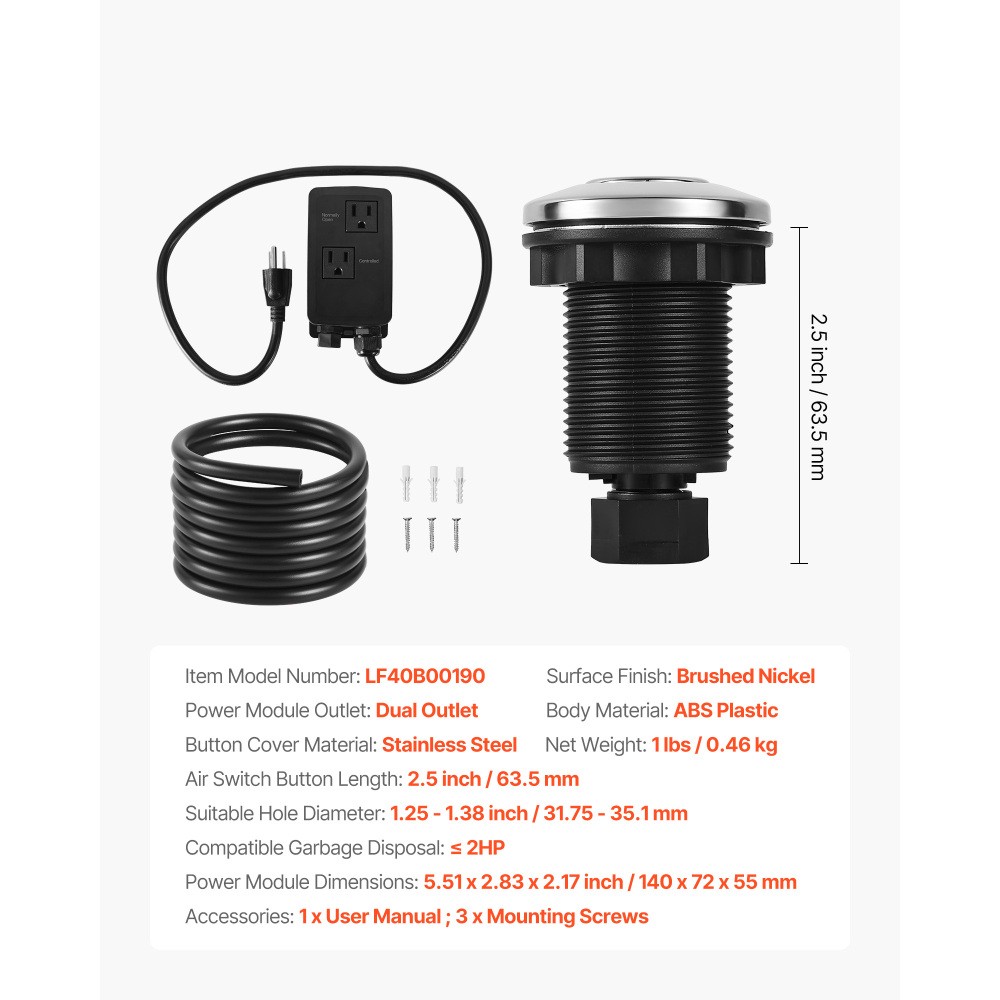 Garbage Disposal Air Switch Kit w/ Dual Outlet - Black Plastic