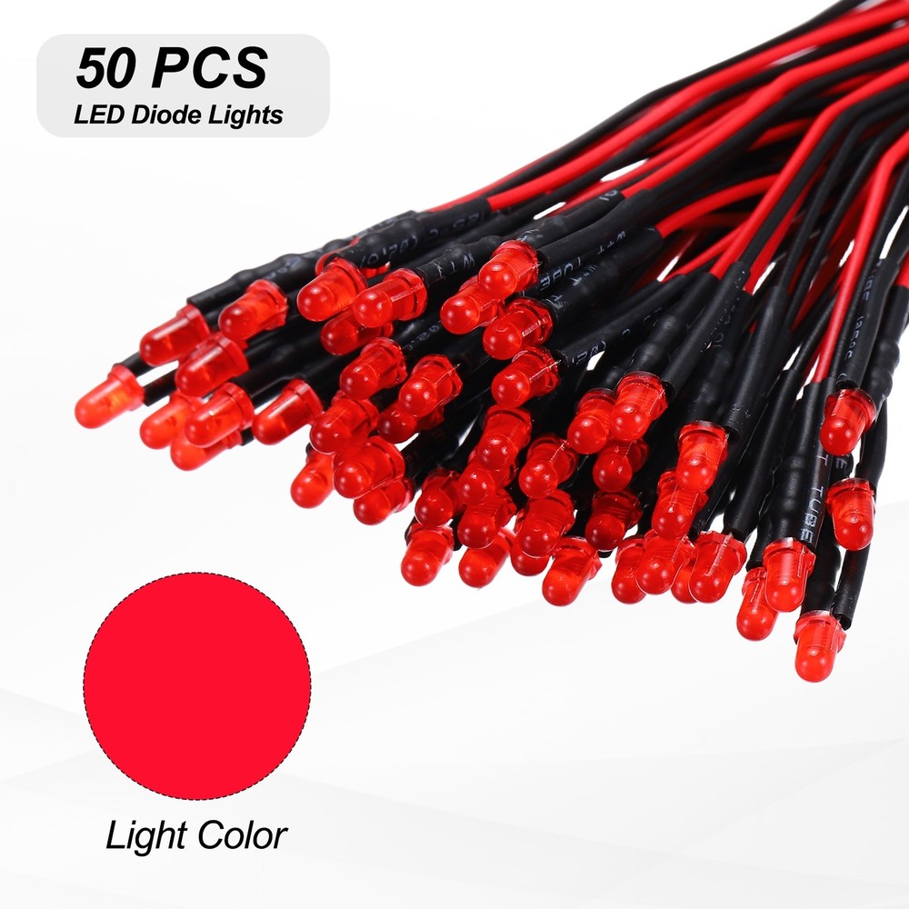 50pcs 3mm LED Diode Lights, Red Light DC 12V for Electronics