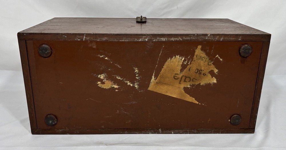Old Vintage Painted Brown Solid Wood Lidded Tool Box w/Handle 18"W 9"H