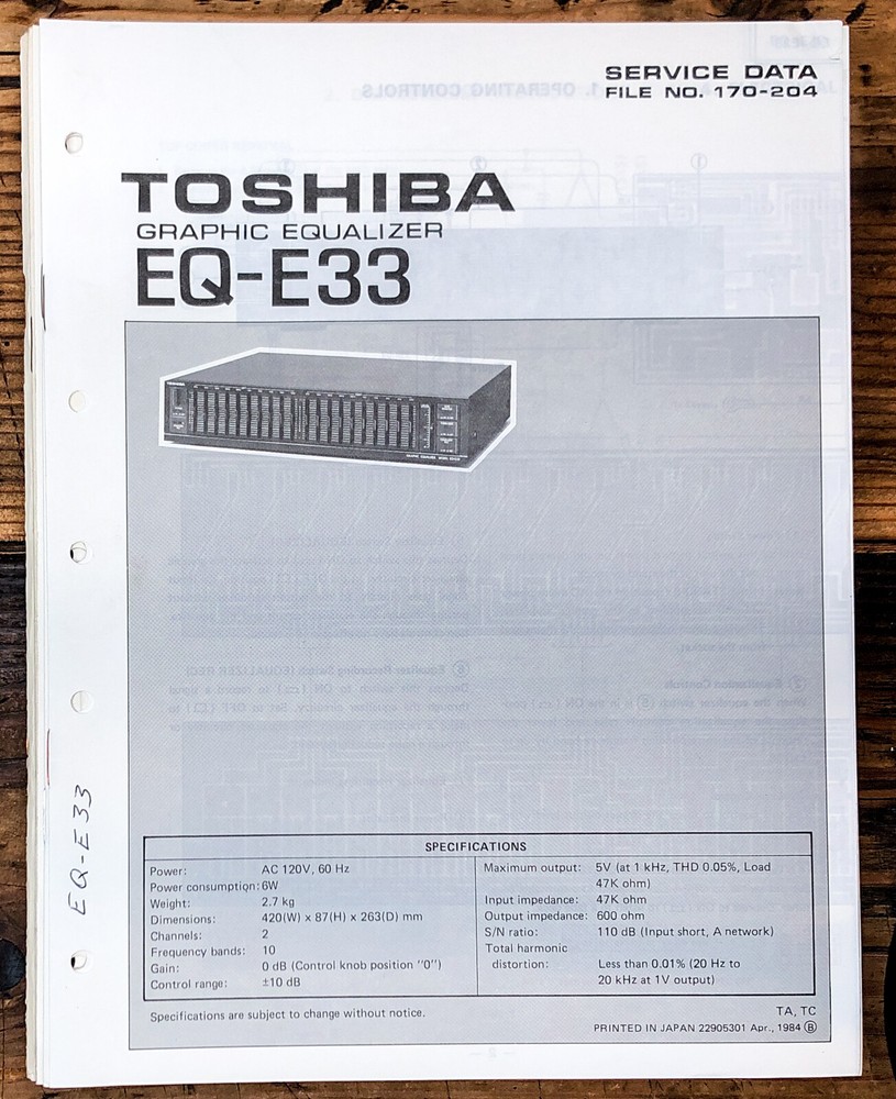 Toshiba EQ-E33 Equalizer Service Manual *Original*