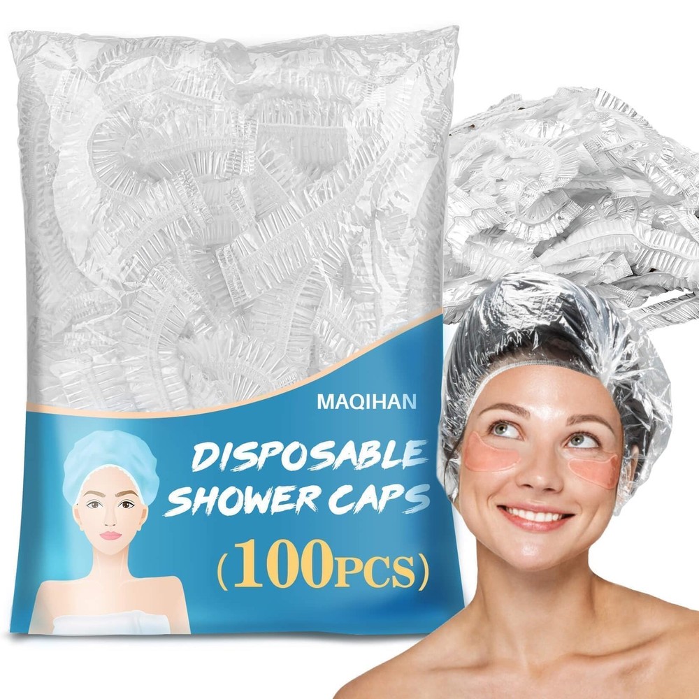 MAQIHAN 100 Disposable Shower Caps Large - Thickened Size, Clear