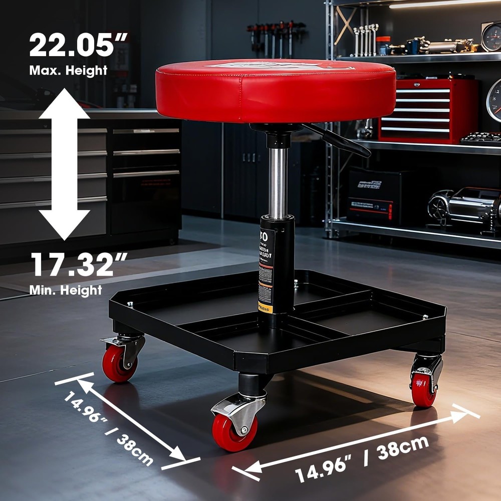 Comfortable Garage Rolling Seat with Tool Tray - Pneumatic Height Adjustable