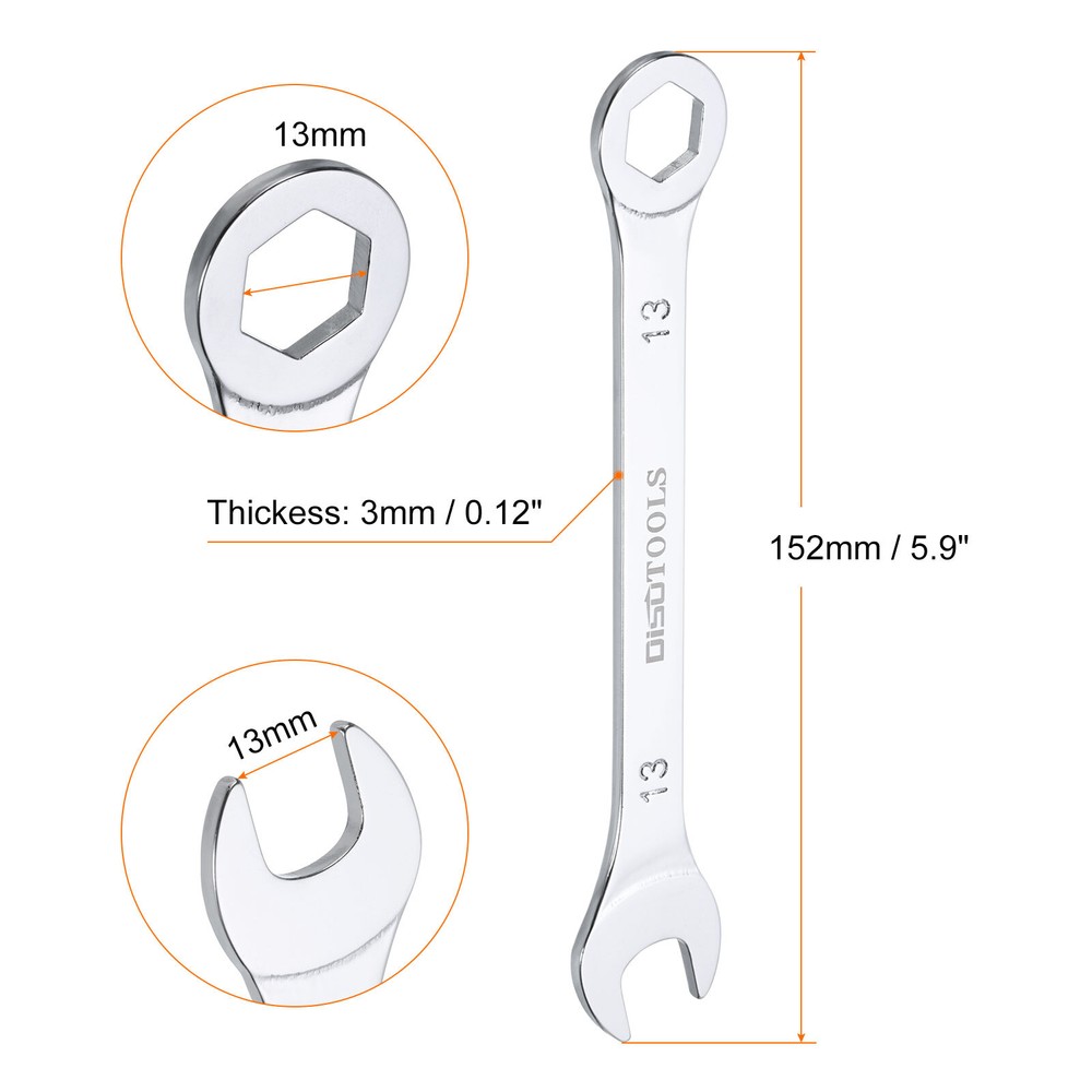 Thin Combination Wrench 13mm 6-Point Chrome Plated Steel, Silver