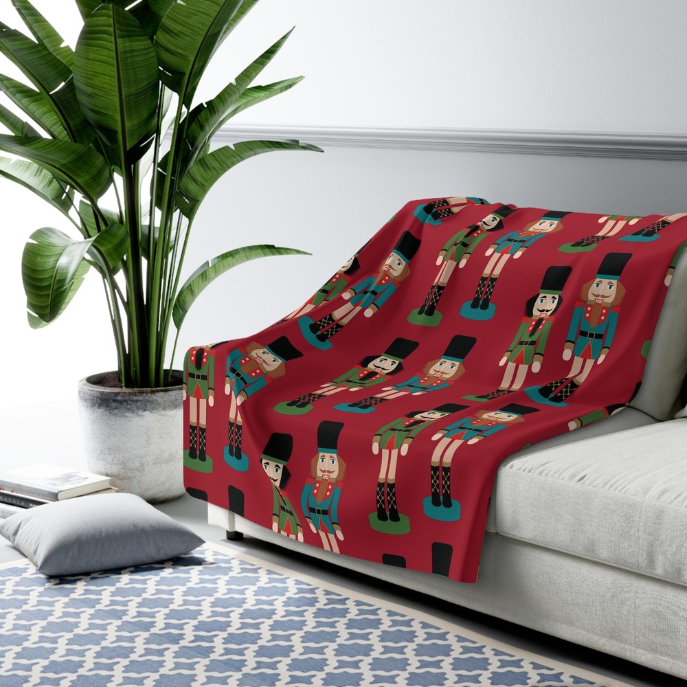 Red German Nutcracker Pattern, Cozy Sherpa Fleece Blanket, Couch Throw Blanket