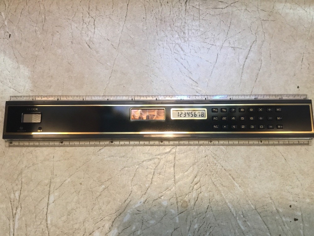 Vintage Solar Ruler With LCD-Clock and Calculator Tested Working