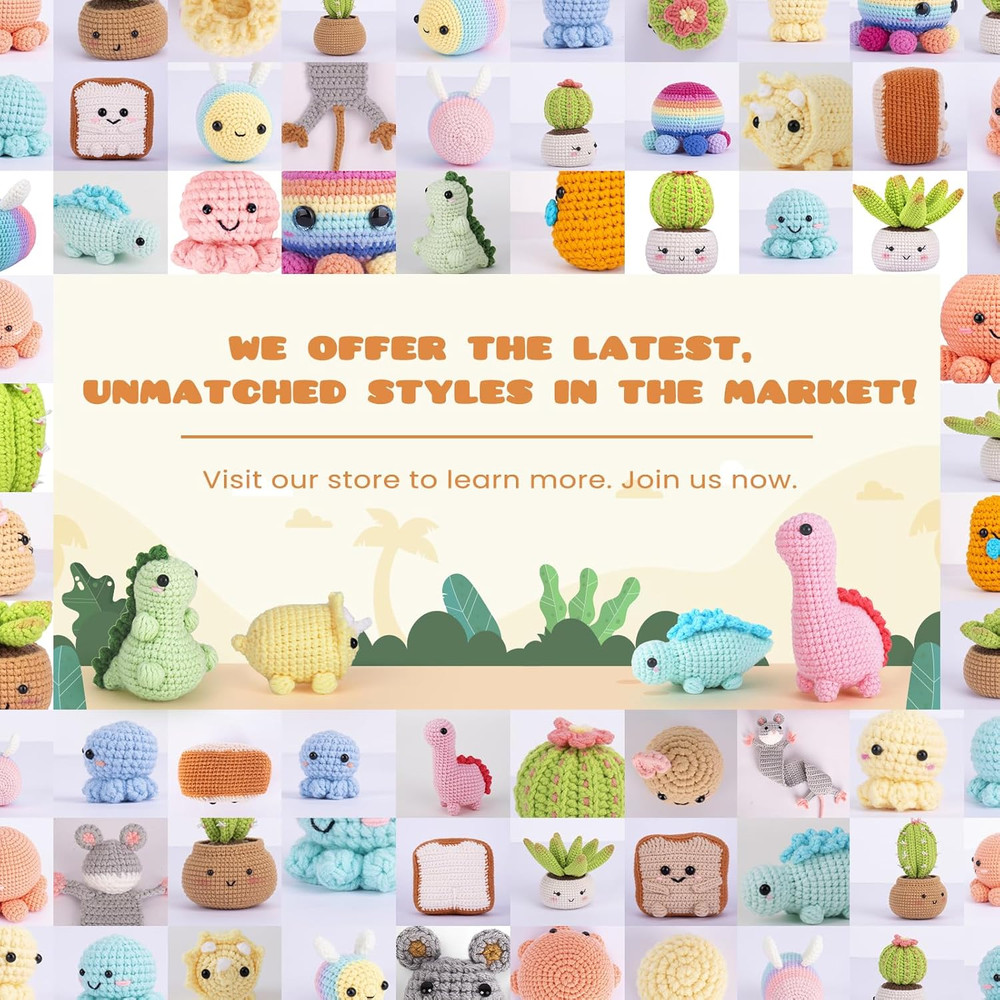 Beginner Crochet Kit with Video Tutorials - 4 Pack Dinosaur Patterns