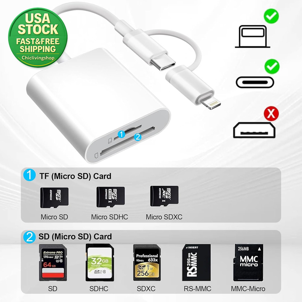 SD Card Reader Lightning USB C Adapter for Iphone Ipad Mac Dual Connector
