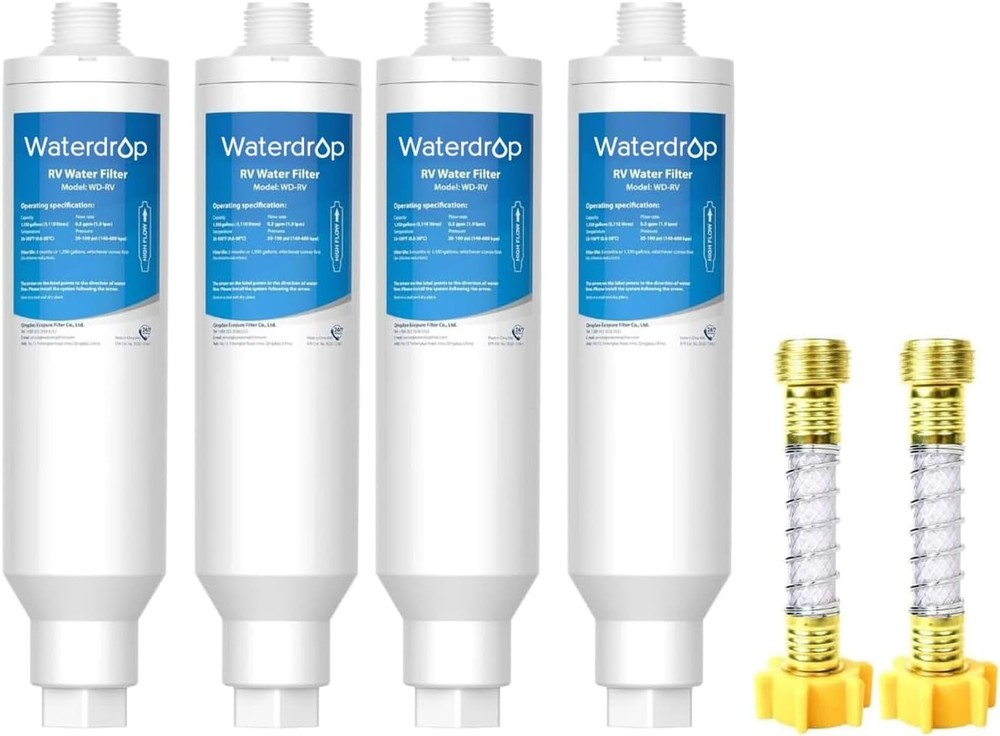 Waterdrop RV Water Filter, NSF Certified, 4 Pack with 2 Flexible Hose Protector