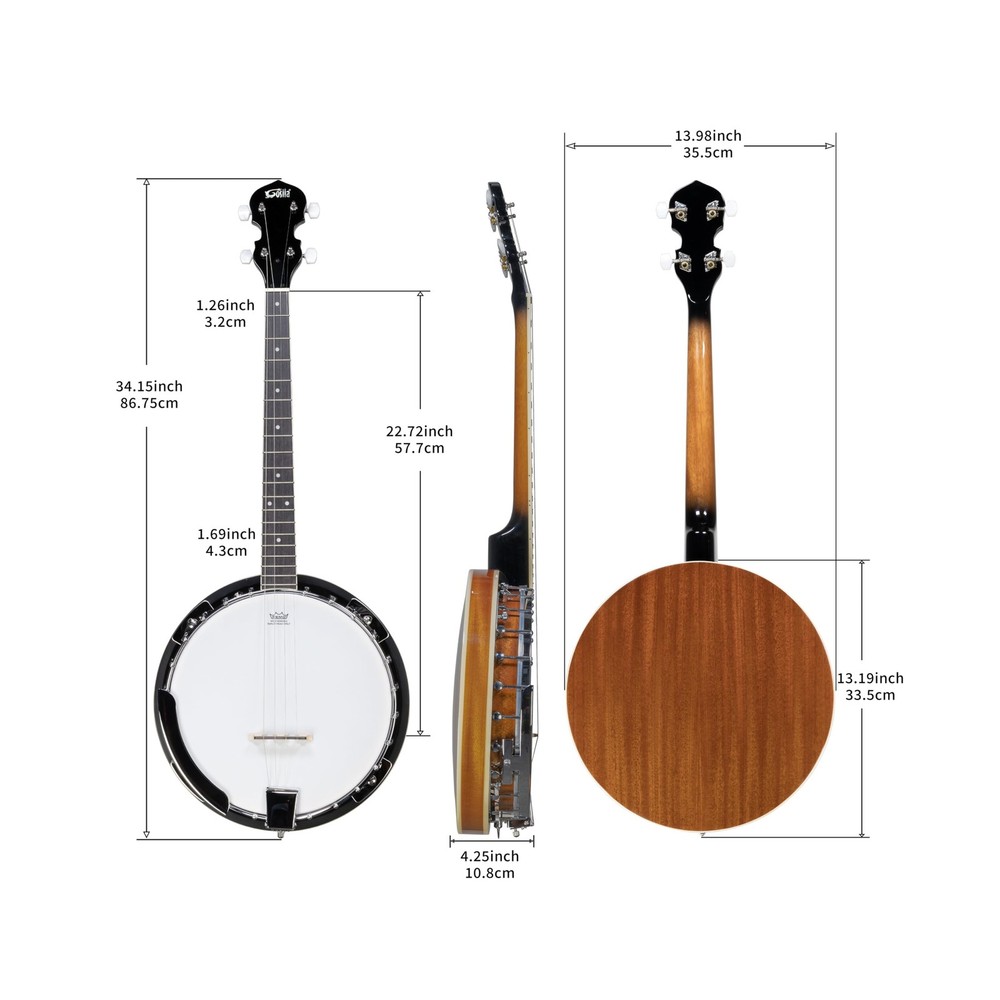 4 String Banjo Solid Back with beginner Kit Remo Head Coated Top Sapele Body ...