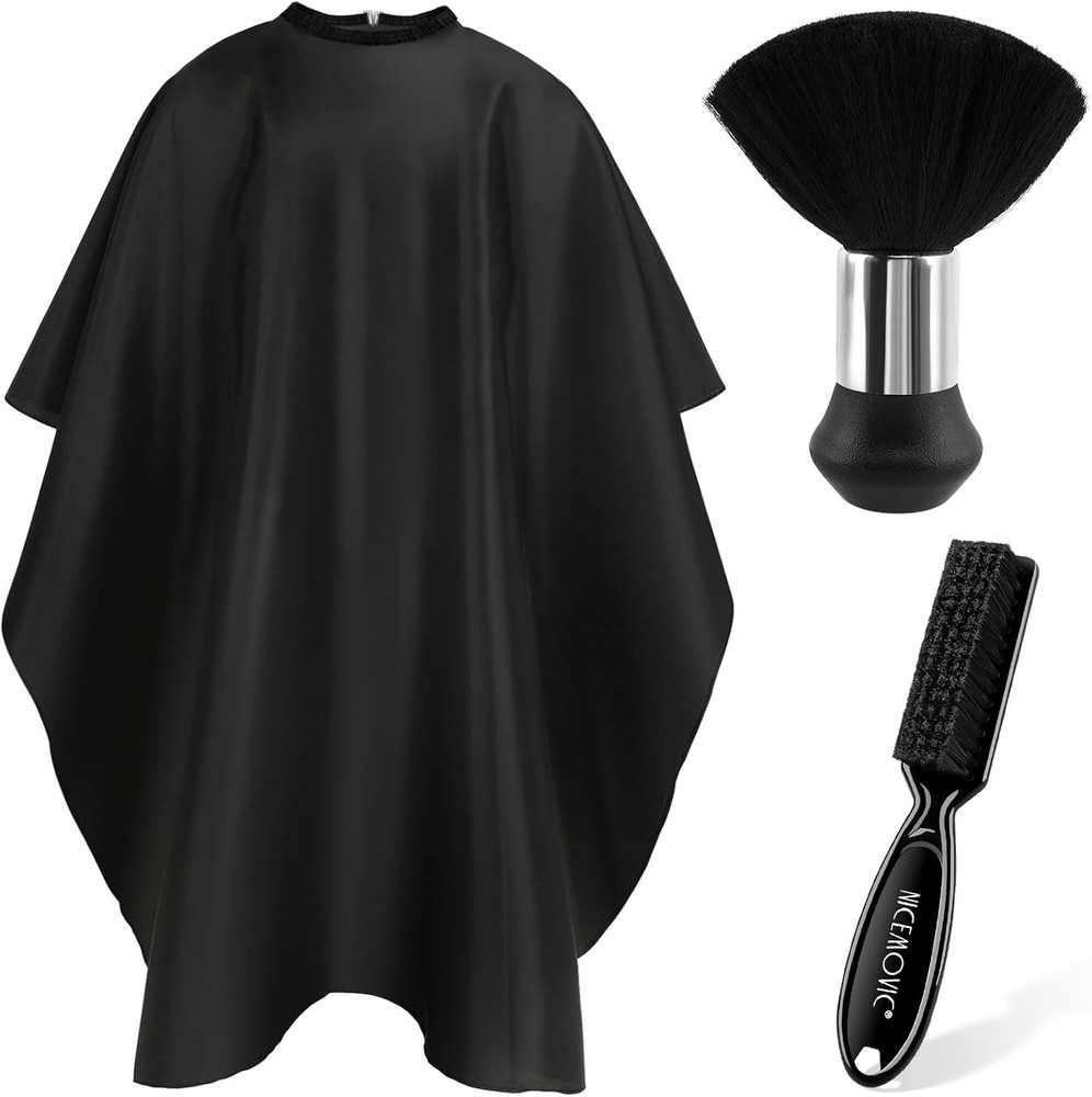 NICEMOVIC Barber Cape Set with Neck Duster & Brush Black 3Pc