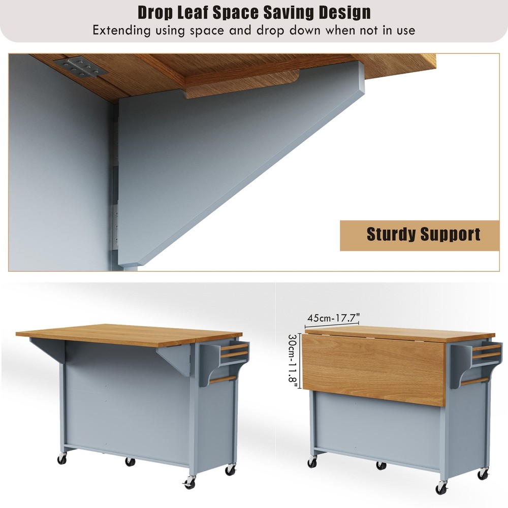 K&K 52'' Kitchen Island with Drop Leaf, Embossed Texture Kitchen Island on Whe