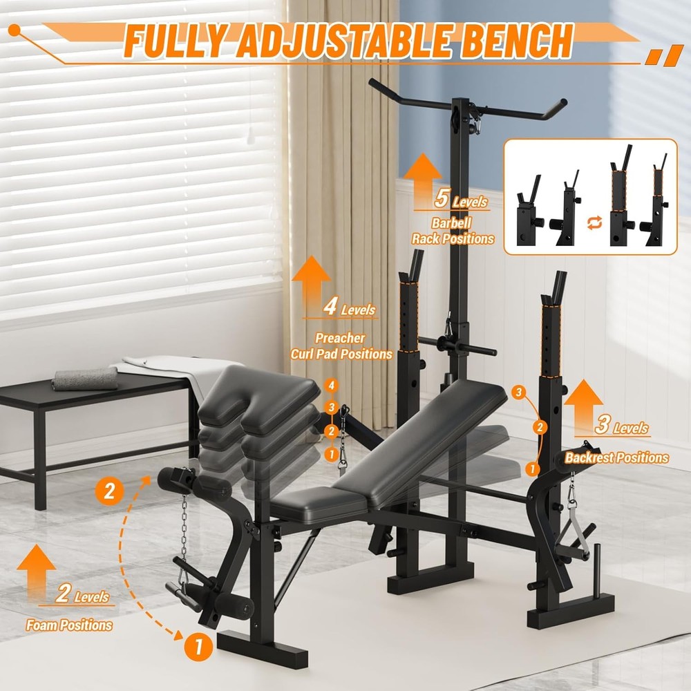 Adjustable Weight Bench with Leg Extension, Lat Pulldown, Elbow Support for Home