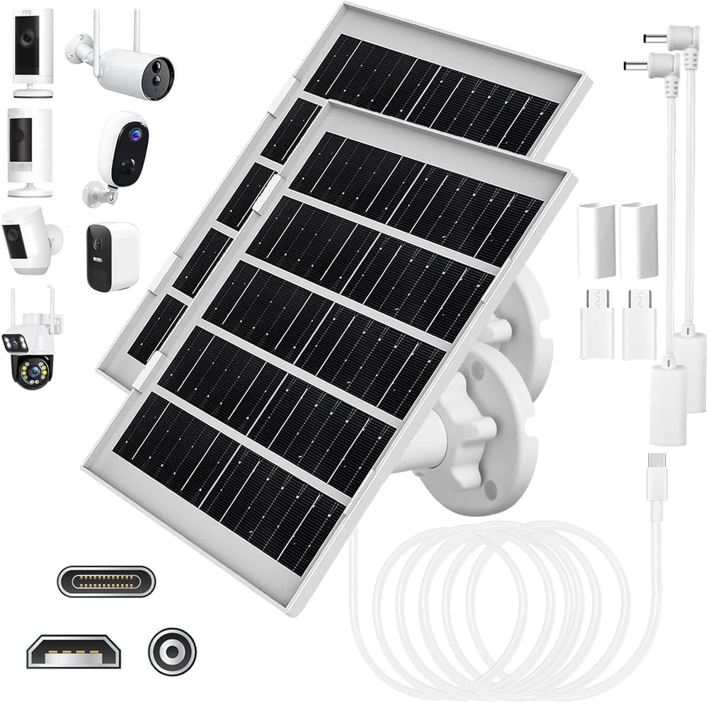 8W Solar Panel Charger for Outdoor Security Cameras, with Micro USB/USB-C and DC